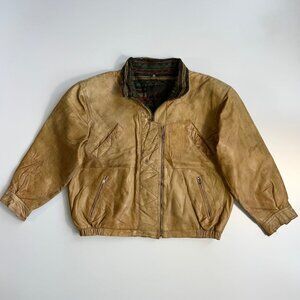 Vintage Winlit brown leather bomber jacket with a patterned collar lining (XL)